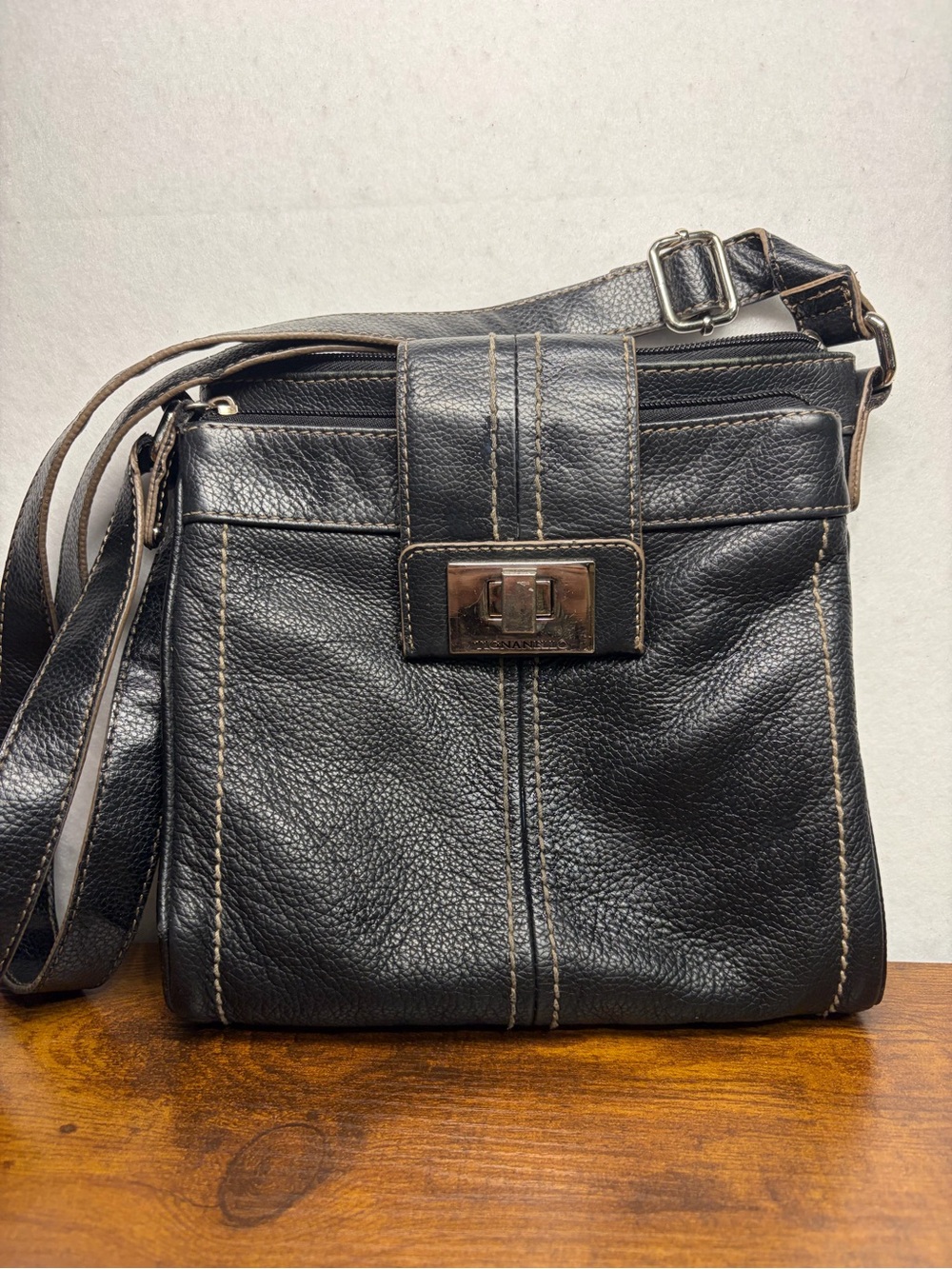 Tignanello Black Leather Crossbody Messenger with Contrast Stitching